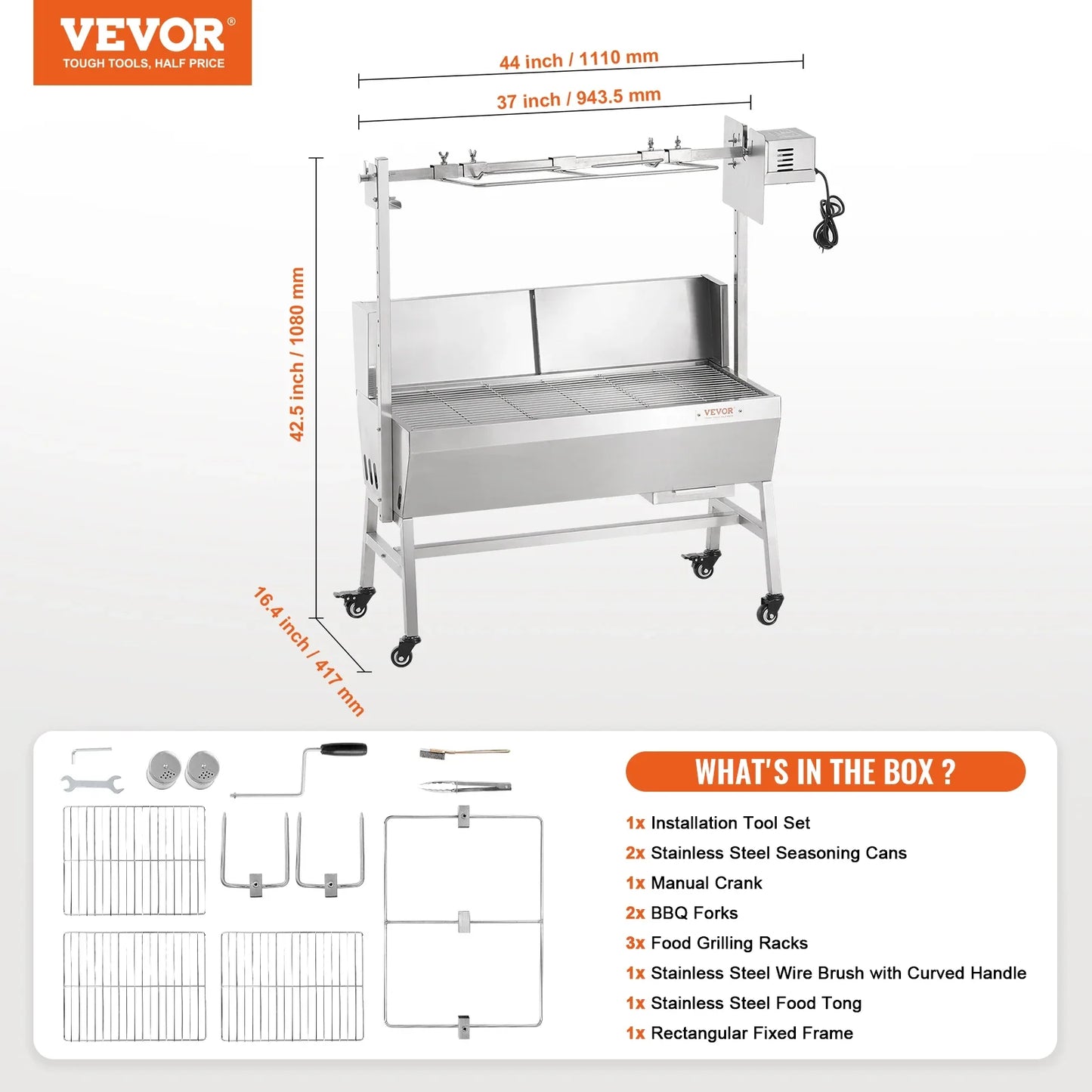 Rotisserie Grill w/Windscreen BBQ Whole Pig Lamb Goat Charcoal Spit Grill, 35 Inch w/Lockable Wheels for Camping Outdoor