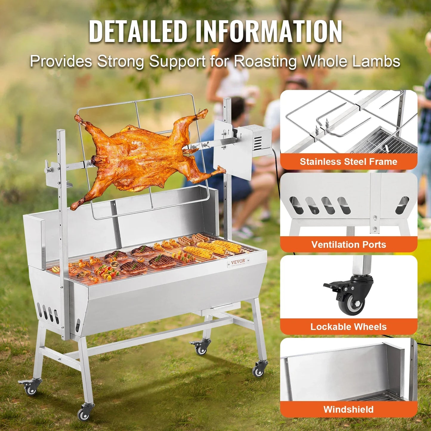 Rotisserie Grill w/Windscreen BBQ Whole Pig Lamb Goat Charcoal Spit Grill, 35 Inch w/Lockable Wheels for Camping Outdoor