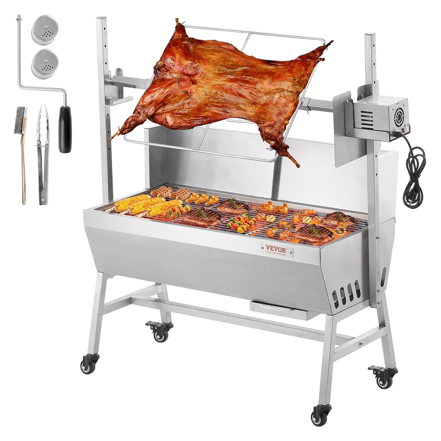 Rotisserie Grill w/Windscreen BBQ Whole Pig Lamb Goat Charcoal Spit Grill, 35 Inch w/Lockable Wheels for Camping Outdoor