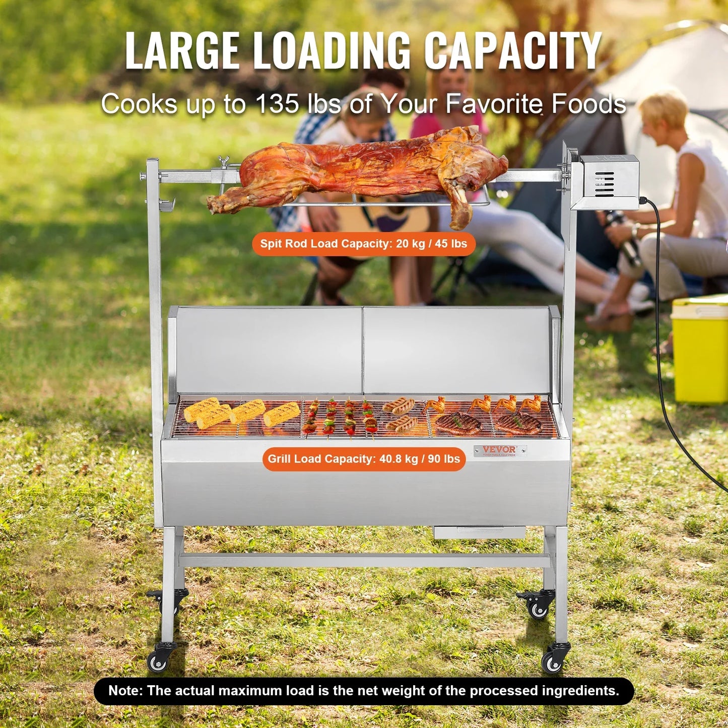 Rotisserie Grill w/Windscreen BBQ Whole Pig Lamb Goat Charcoal Spit Grill, 35 Inch w/Lockable Wheels for Camping Outdoor