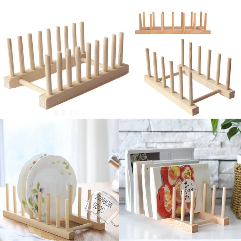 Wooden Kitchen Dish Drain Rack Dinnerware Storage Organizer Tray Plate Drying Shelf Book Cups Display Stand Drainer Holders