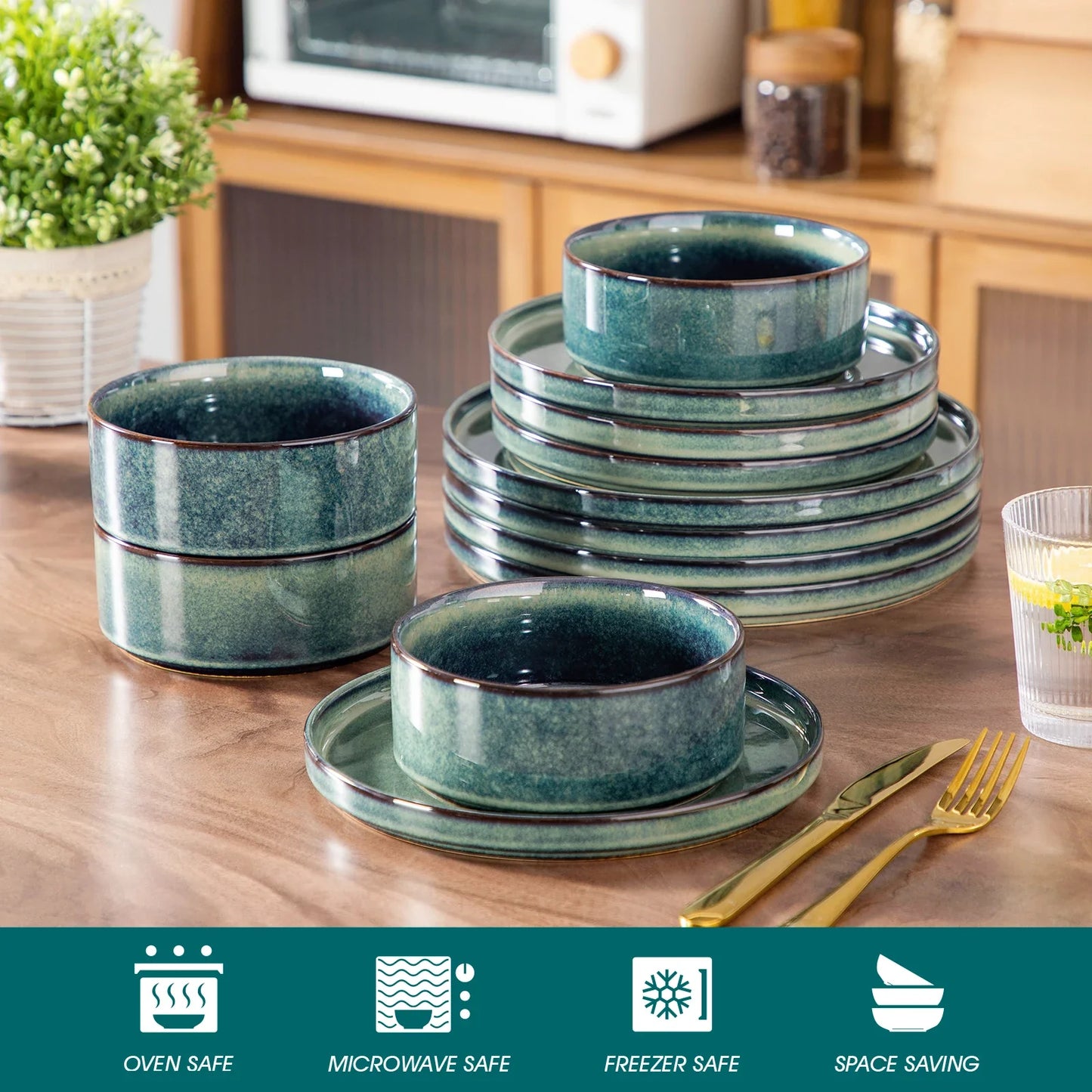 12/24/36Piece Dinner set Black Green Reactive Glaze Vertical edge Dinnerware set with 4PCS Dinner Plate/ Dessert/Bowl