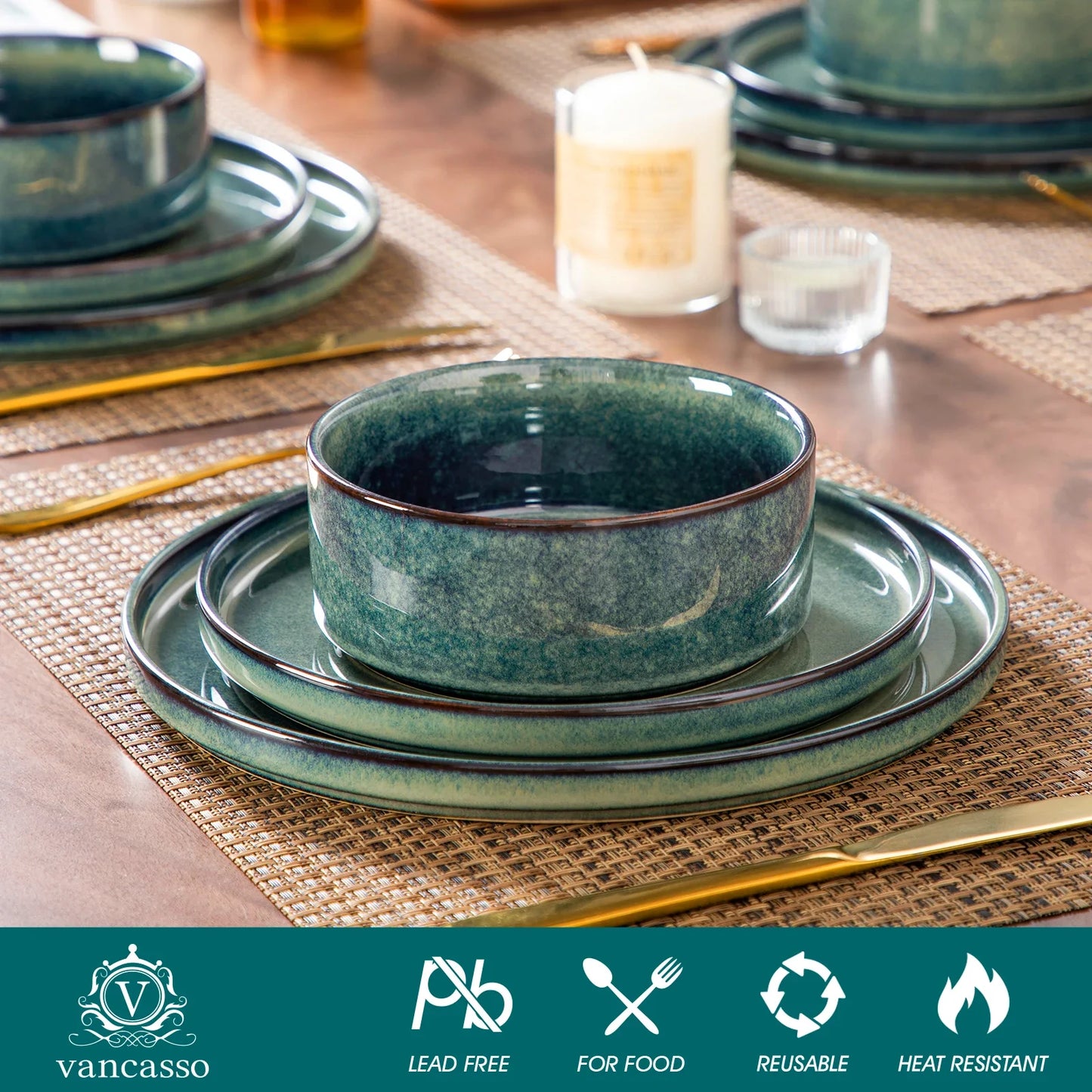 12/24/36Piece Dinner set Black Green Reactive Glaze Vertical edge Dinnerware set with 4PCS Dinner Plate/ Dessert/Bowl