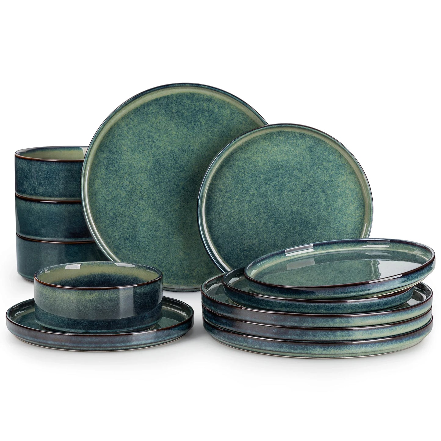 12/24/36Piece Dinner set Black Green Reactive Glaze Vertical edge Dinnerware set with 4PCS Dinner Plate/ Dessert/Bowl